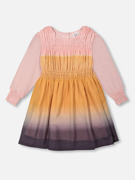  Gradient Chiffon dress, A-line silhouette. In soft poly chiffon fabric, long puffed sleeves with smocked elastic cuffs, elastic smocking across the bodice, and a round neckline.