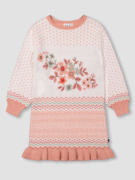 Off White, long sleeve girls sweater dress with pastel hues with bold flowers for fall and winter.  The brand is Deux Par Deux.