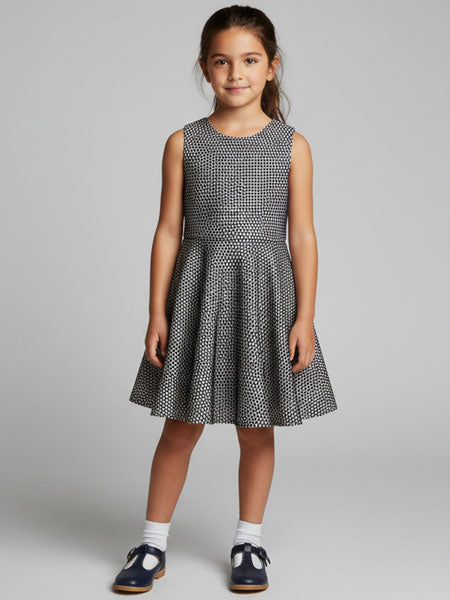 Young girl wearing a black and white patterned dress on a gray background