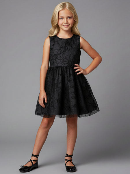 Deux Par Deux Neoprine Tulle Girls Black Dress  4-12