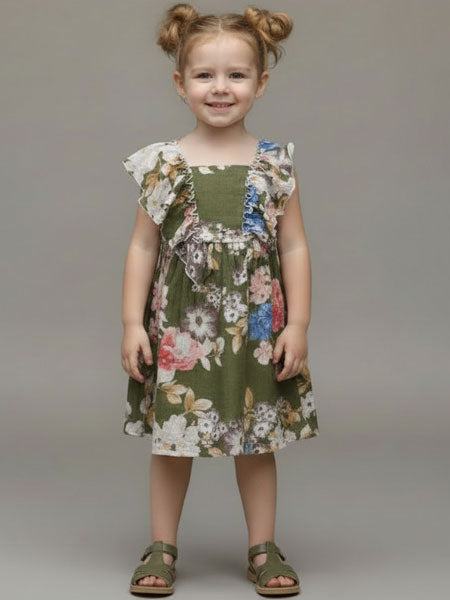 Young girl wearing a floral dress with a green base color on a plain background