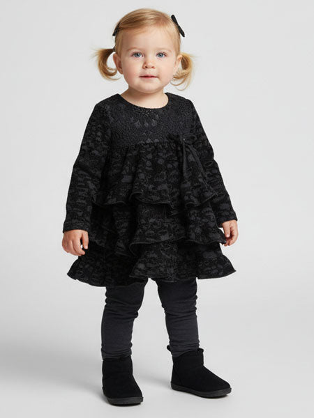 Child wearing a black tunic dress outfit with ruffled layers on a white background