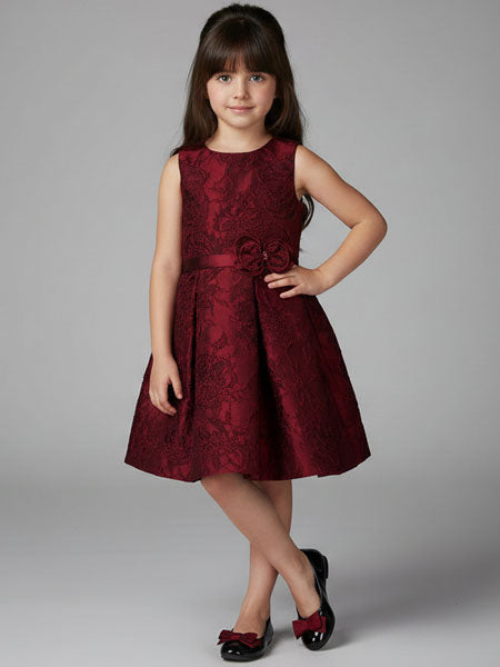 Young girl wearing a burgundy dress with a bow on a gray background
