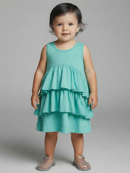 Child wearing a teal dress against a gray background
