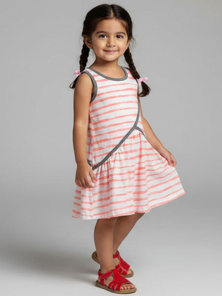 Young girl wearing a striped dress with a gray accent on a plain background