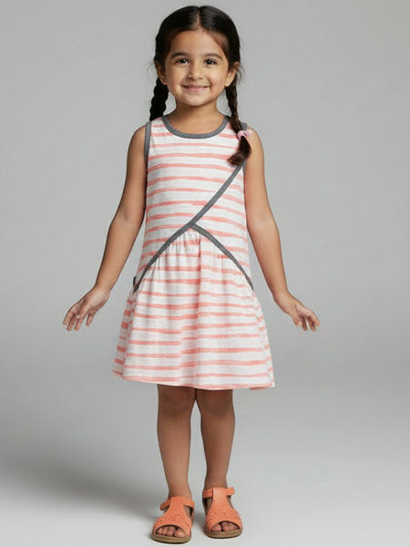 Young girl wearing a striped dress with a gray strap on a plain background