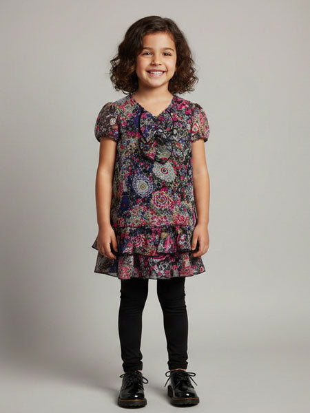 A young girl with curly brown hair stands against a light gray studio background wearing a short-sleeve tiered dress with a colorful floral and paisley print, black leggings, and black shoes.