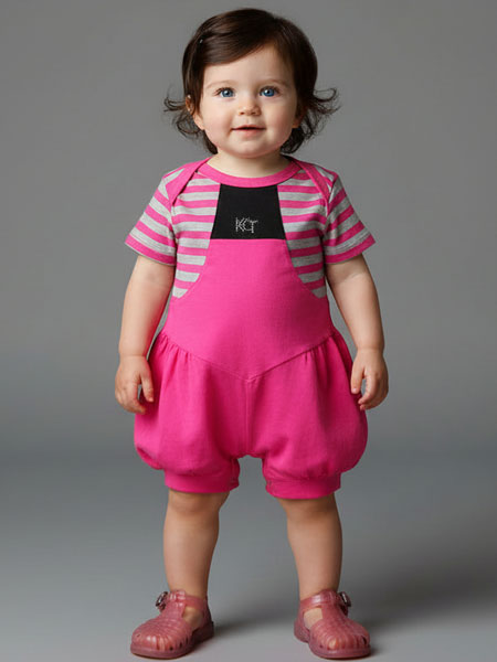 Child wearing a pink striped romper on a gray background