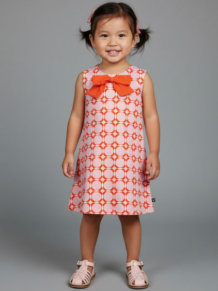 Young girl wearing a red and white patterned dress with a large orange bow on a gray background