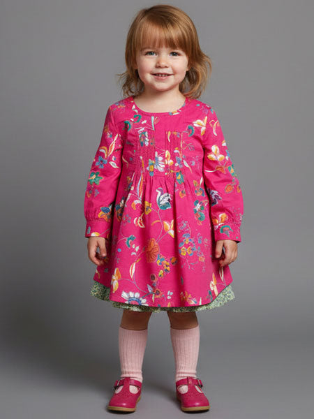 Young girl wearing a pink dress with colorful patterns on a gray background