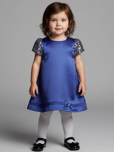 Young girl wearing a blue dress with sequin sleeves on a gray background