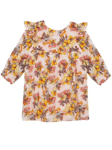 Yellow, pink, and gray print floral dress for girls by manufacturer Mabel and Honey. Long sleeves, print is on a light background. Above the knee length.