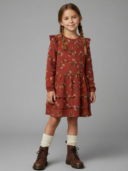 Young girl wearing a red floral dress with brown boots on a gray background