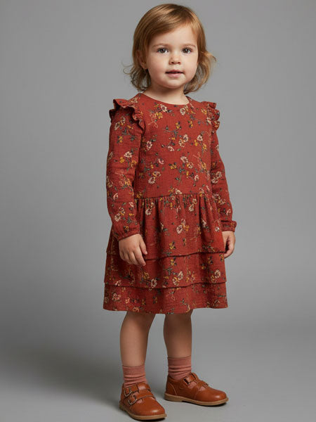 Young child wearing a red floral dress against a gray background