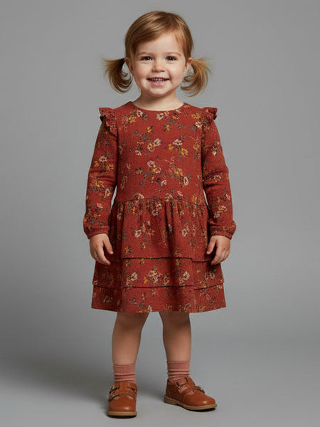 Young girl wearing a red floral dress on a gray background
