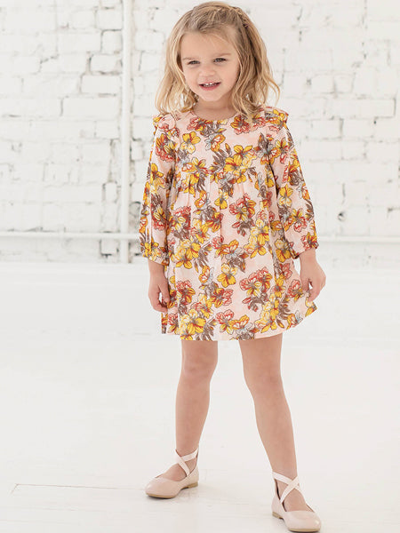 Yellow, pink, and gray print floral dress for girls by manufacturer Mabel and Honey. Long sleeves, print is on a light background.