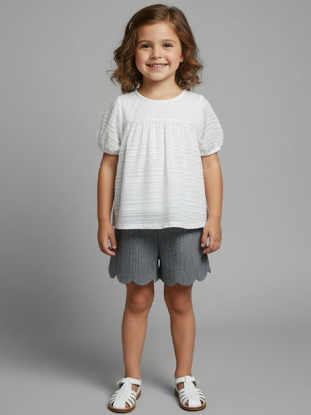 Mabel + Honey Bubble Sleeve White Top and Scallop Short Set Sizes 3, 4, 5, 6