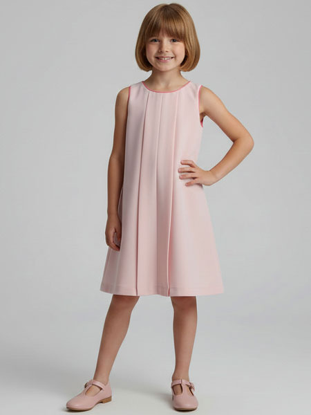 Young girl wearing a pink dress against a plain background