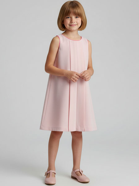 Young girl wearing a pink dress on a plain background