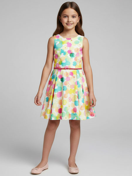 Young girl wearing a colorful polka dot dress on a gray background