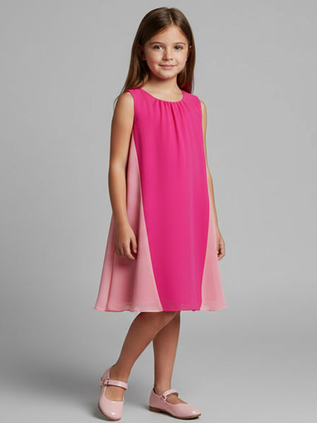 Young girl wearing a pink dress on a gray background
