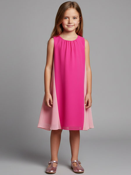 Young girl wearing a pink dress against a gray background