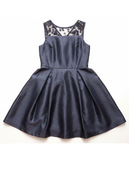 Navy blue dress with floral lace back on a white background
