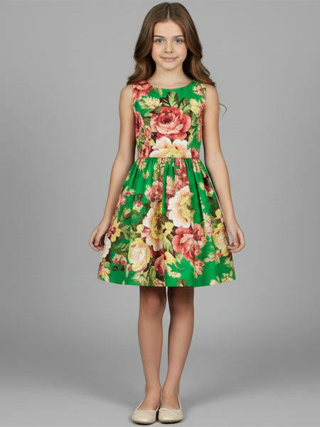 Young girl wearing a floral dress with a green background