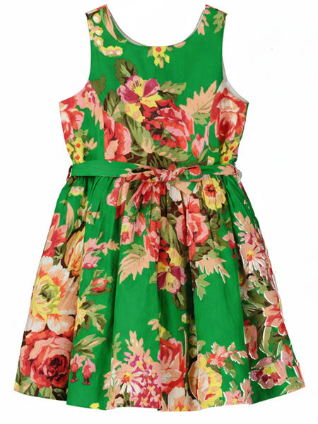 Green floral dress with a colorful pattern on a white background