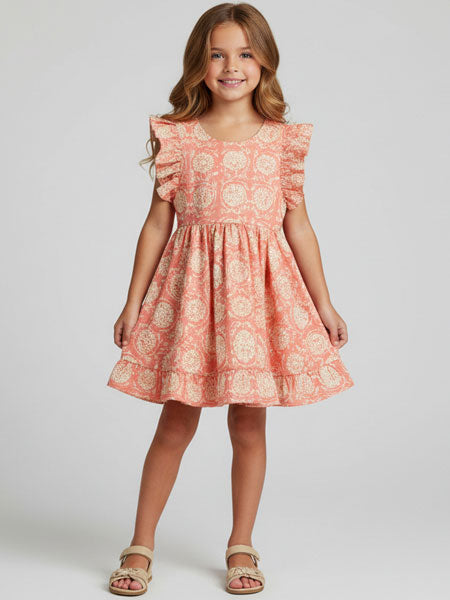 Young girl wearing a light coral floral dress on a white background