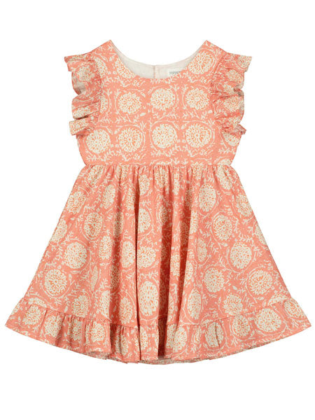 Ruffled trim sleeveless dress. Ivory and rose floral print. for toddler and little girls.