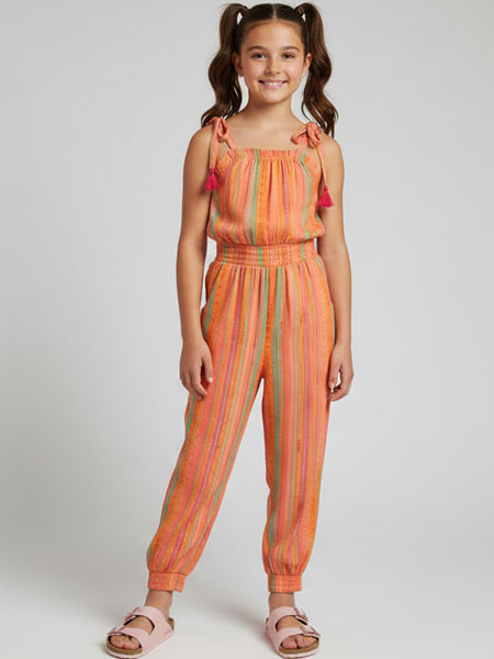Young girl wearing an orange striped jumpsuit with tassel straps on a white background
