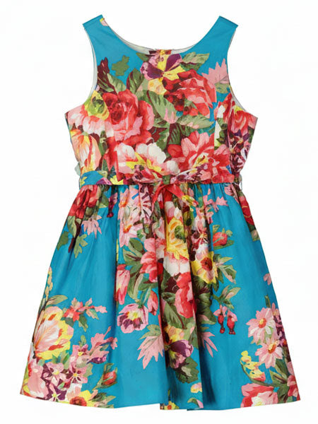 Colorful floral dress with a blue background