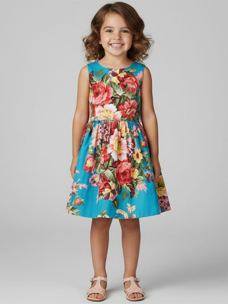Young girl wearing a colorful floral dress on a plain background