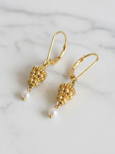 Thousand Flowers Gold Plated Dangle Earrings, Pearl