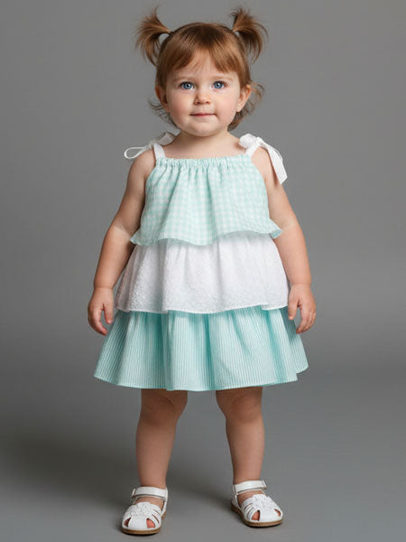 Young girl wearing a light aqua blue and white dress against a gray background