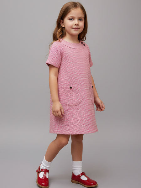 Young girl wearing aYoung girl wearing a red houndstooth dress with red shoes on a gray background