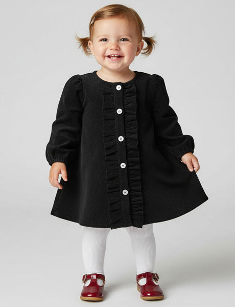 Child wearing a black dress with white buttons on a plain background