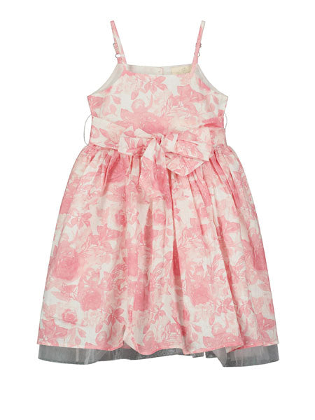 Sleeveless, thin straps, girls party dress in a pink roses print by Vignette. Soft mesh white tulle at hem.