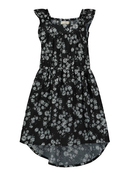 Black daisy-printed high low dress features charming ruffle cap sleeves.