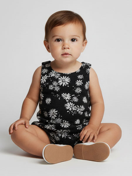 Baby wearing a black sleeveless romper with white floral pattern on a light gray background