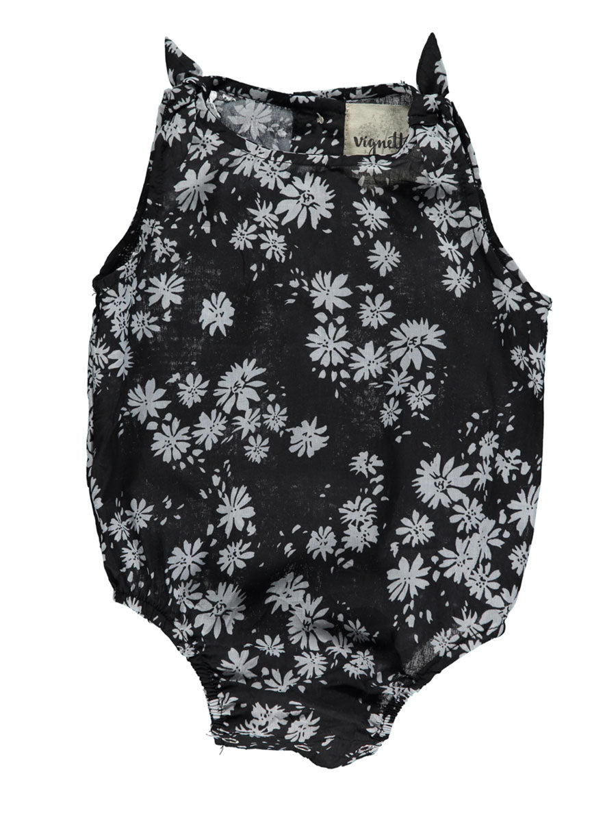 Baby girls bubble romper.  Black with with daisies, sleeveless.