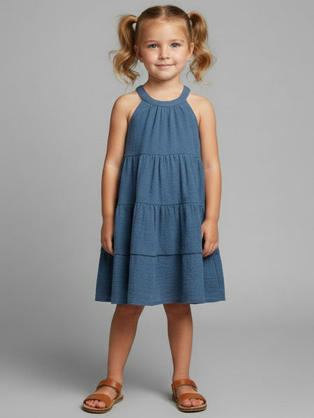 Young girl wearing a blue dress on a gray background