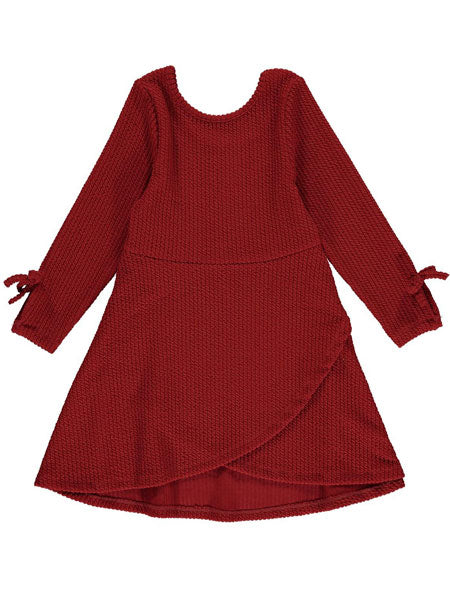 Burgundy ribbed jersey knit girls dress. Faux wrap style with cute ties on sleeves just above the wrist. Brand is Vignette.