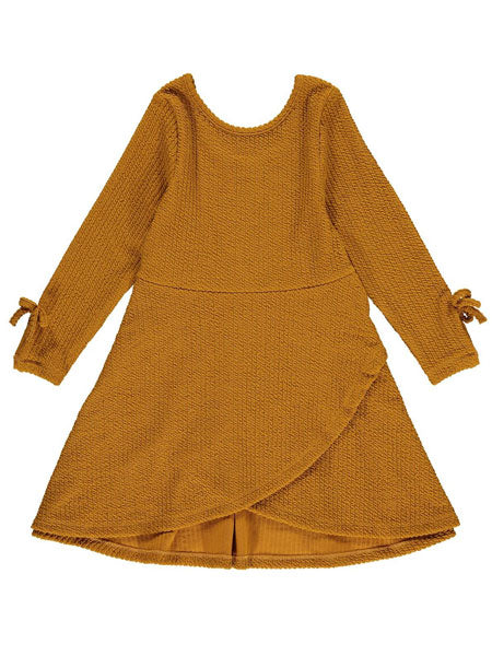 High low faux wrap style dress in pumpkin for girls by Vignette. Cute  ties on long sleeves by wrists.