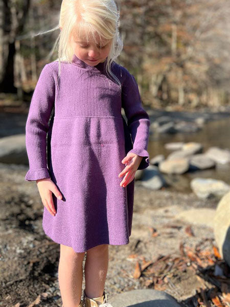 Little girls purple long sleeve knit dress by Vignette. High waist, mock neck, and ruffled cuffs on sleeves.