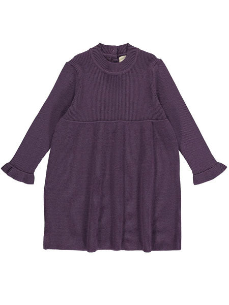 Little girls purple long sleeve knit dress by Vignette. High waist, mock neck, and ruffled cuffs on sleeves.