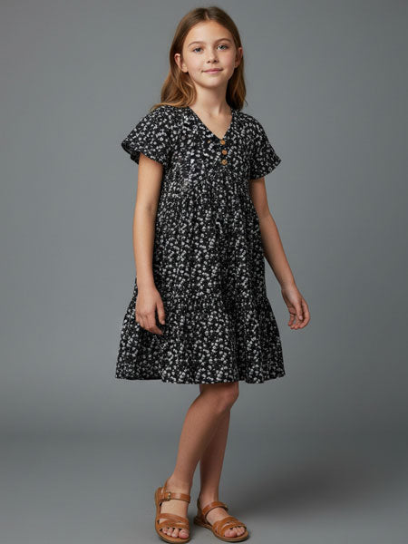 Young girl wearing a black floral dress against a gray background