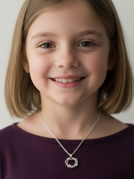 Young girl wearing a necklace with a silver pendant against a plain background