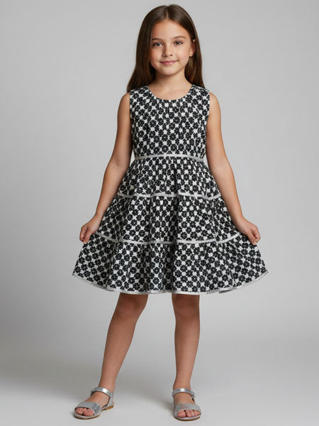 Young girl wearing a black and white patterned dress on a gray background